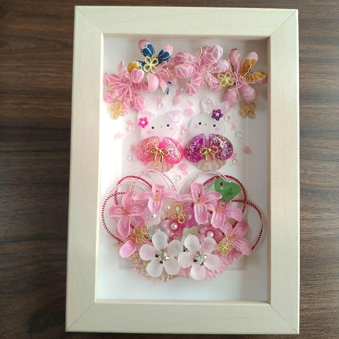 シーグラスアート　♡桜ハートの花かご姉妹♡　ちりめん細工