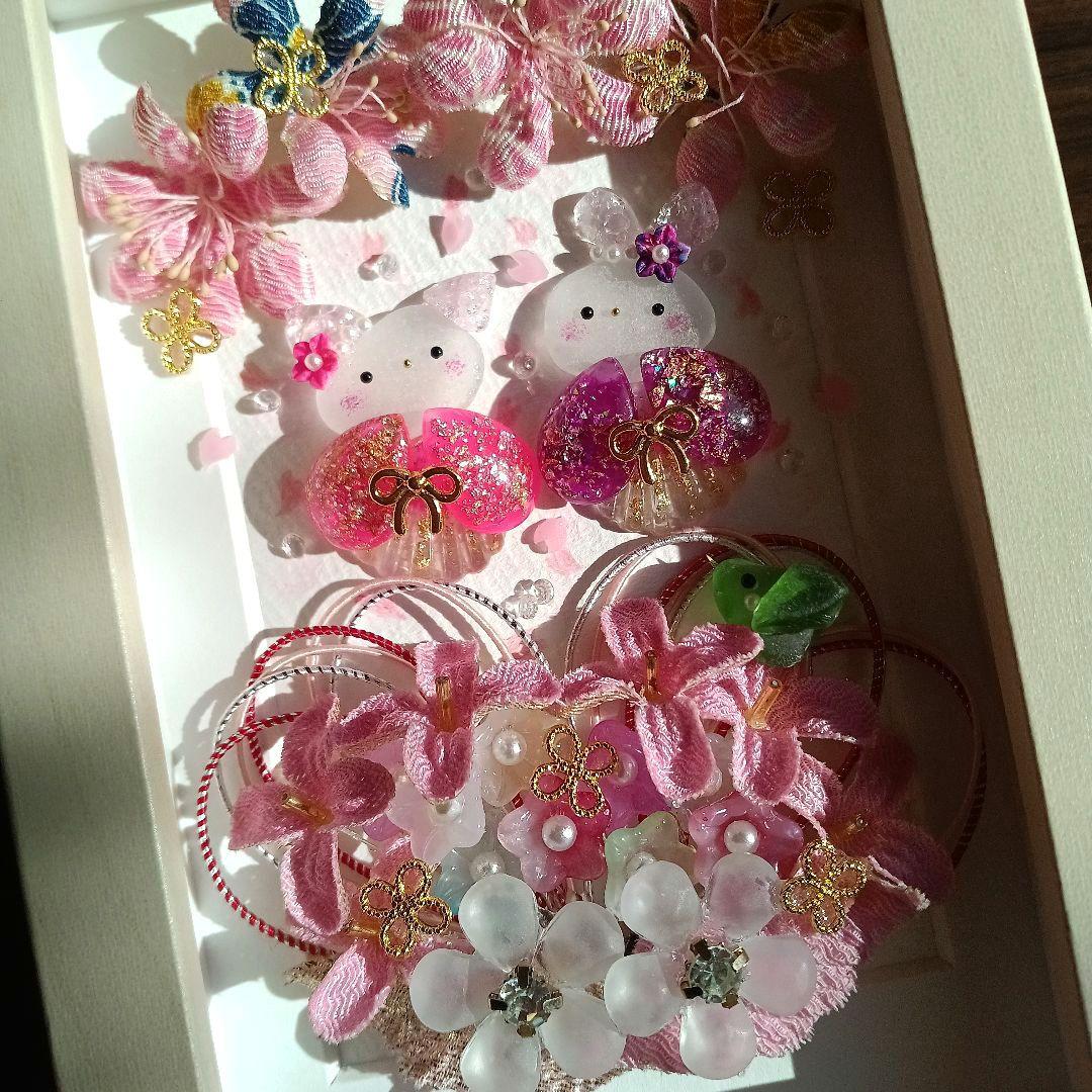 シーグラスアート　♡桜ハートの花かご姉妹♡　ちりめん細工