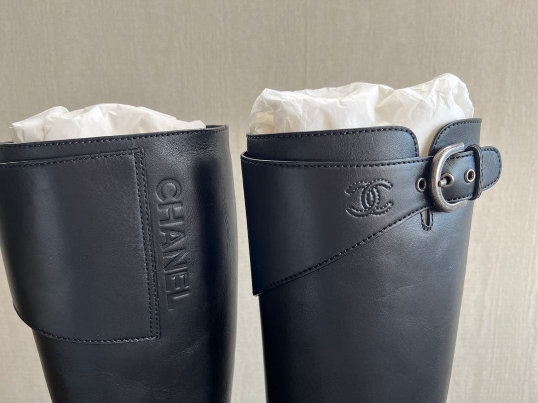 CHANEL シャネル バックルベルト カーフスキン ブラック ハイブーツ 38