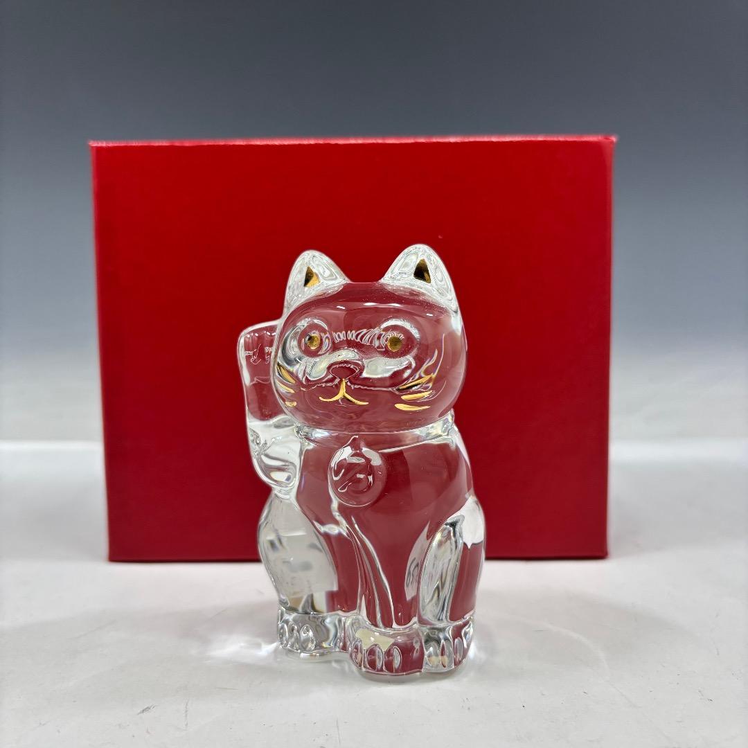 美品【バカラ本物】置物/まねき猫/クリスタル/クリア×ゴールド