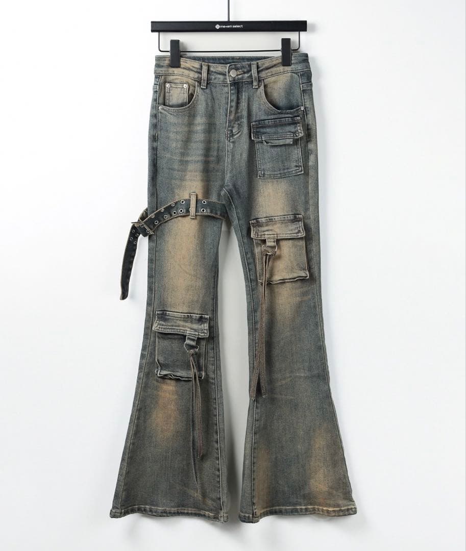 me+em select ベルテッドアウトポケットヴィンテージフレアデニム S