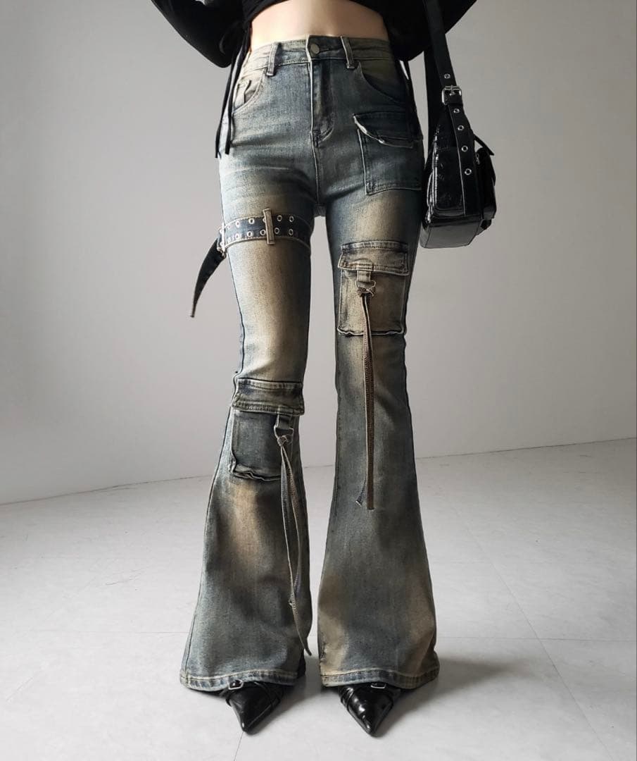 me+em select ベルテッドアウトポケットヴィンテージフレアデニム S