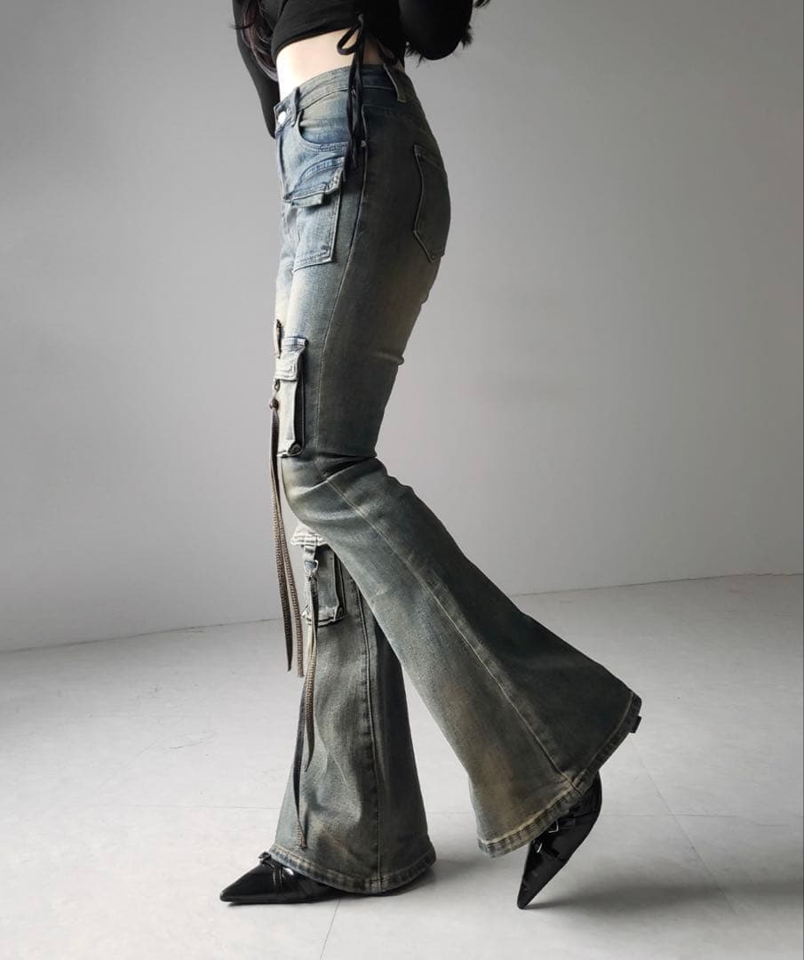 me+em select ベルテッドアウトポケットヴィンテージフレアデニム S