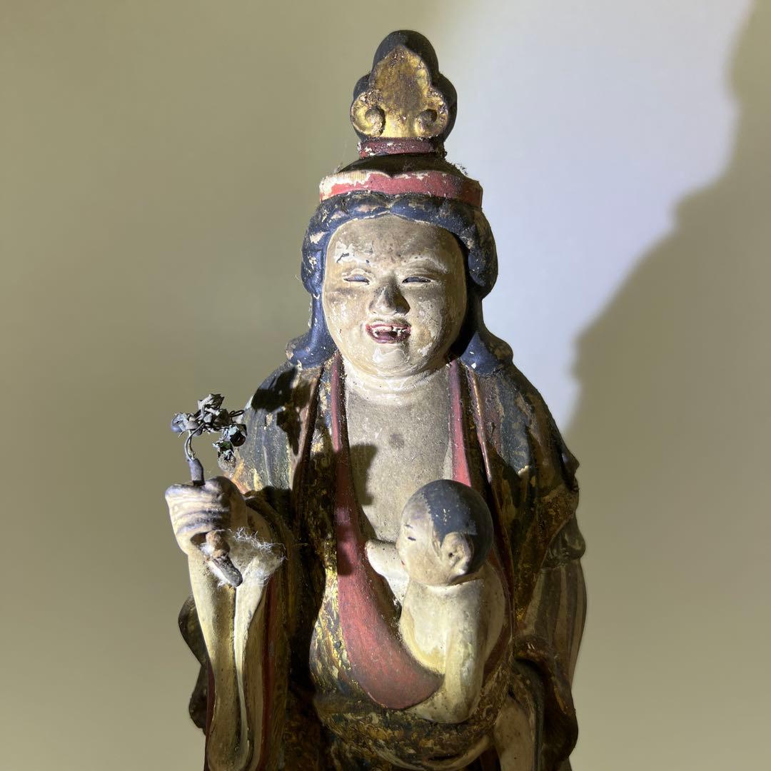 専用桃山~江戸初期木彫鬼子母神玉眼仏像高さ約49㎝　東Y8-0203☆2Fトトチ