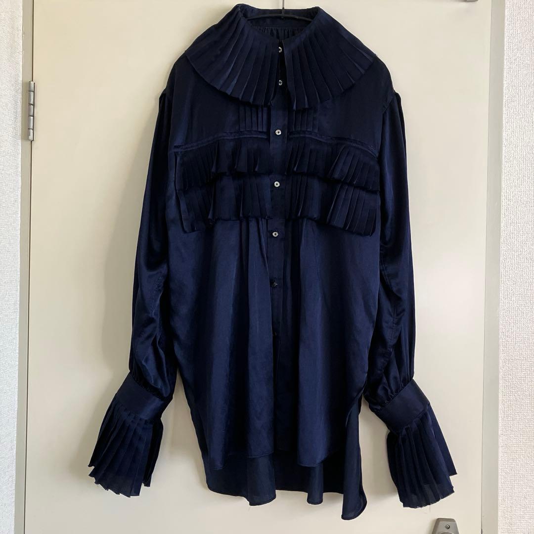 JUNMIKAMI コットンシルク　フリルシャツ　ネイビー