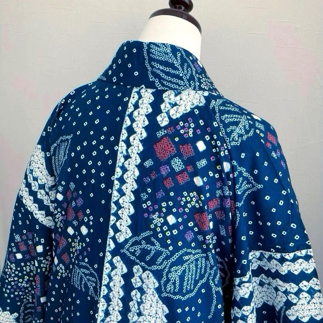 有松絞り浴衣・蜘蛛絞り　青緑　紫陽花　手縫い　絞り浴衣　裄70cm No7-15