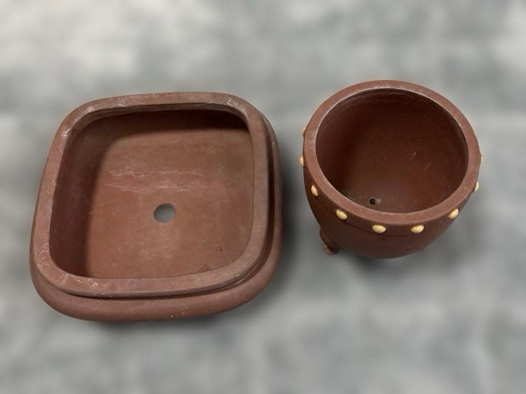 盆栽鉢2点セット！中国鉢　刻印入り　盆栽　中国宜興