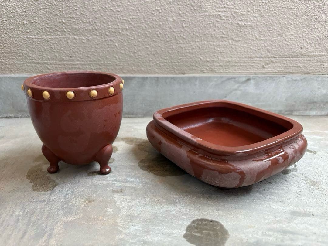 盆栽鉢2点セット！中国鉢　刻印入り　盆栽　中国宜興