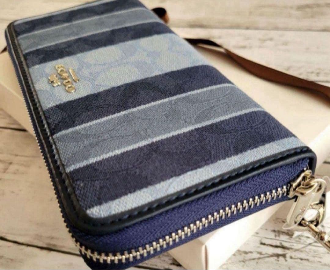 COACH長財布シグネチャーデニムジャガード.ストライブ.ブルー.男女兼用.新品