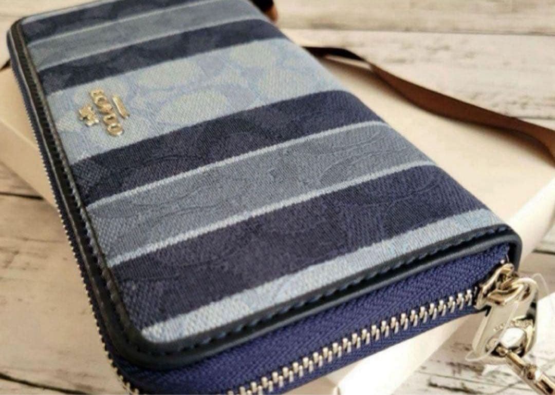 COACH長財布シグネチャーデニムジャガード.ストライブ.ブルー.男女兼用.新品