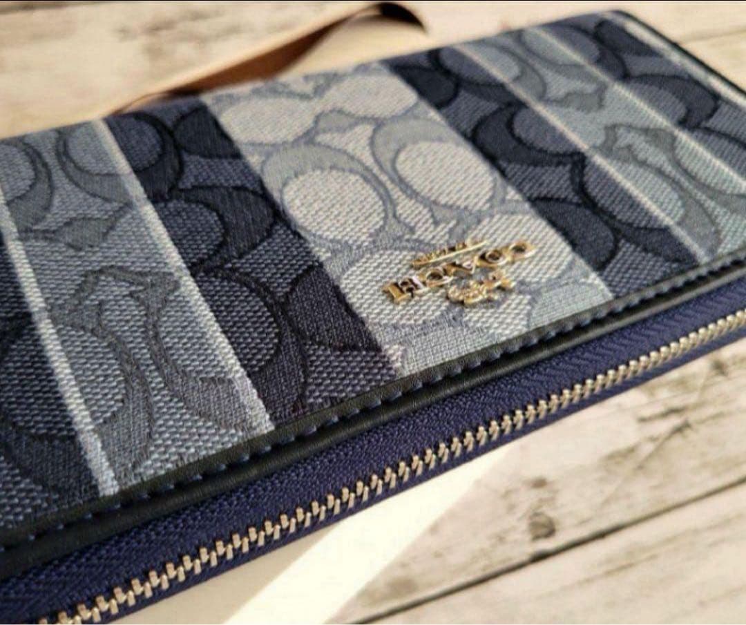 COACH長財布シグネチャーデニムジャガード.ストライブ.ブルー.男女兼用.新品