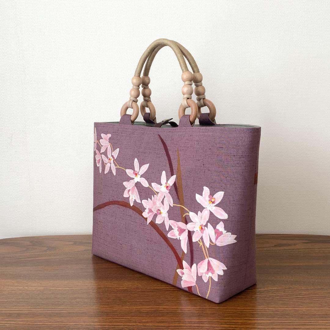 A4サイズ対応　紬　蘭のお花　リメイク　リネンコードハンドルバッグ