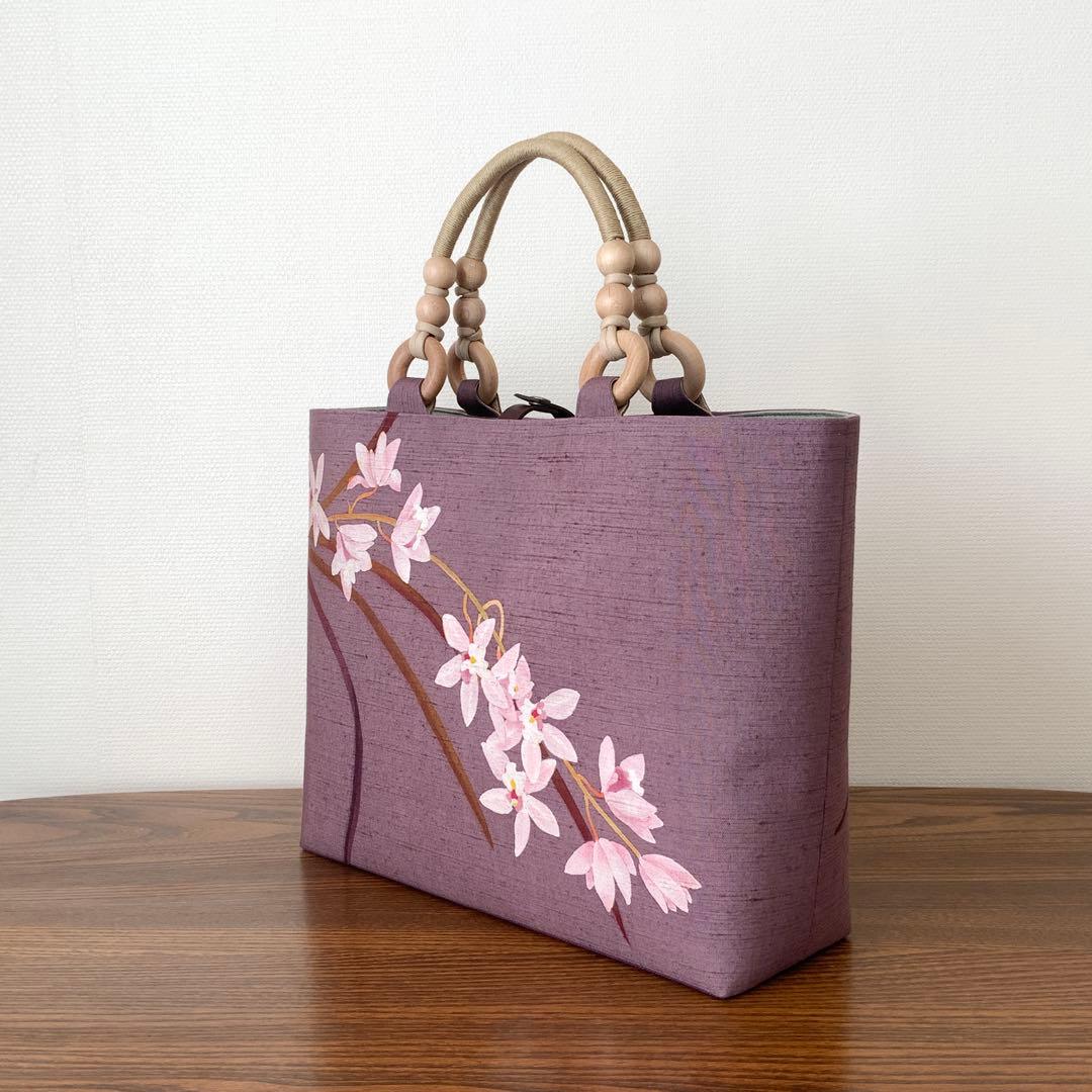 A4サイズ対応　紬　蘭のお花　リメイク　リネンコードハンドルバッグ