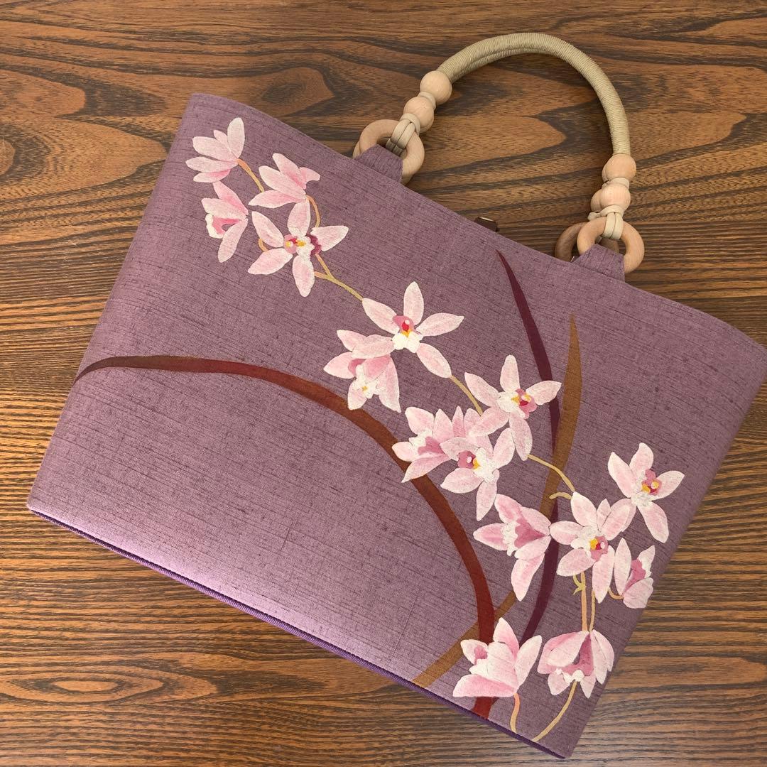 A4サイズ対応　紬　蘭のお花　リメイク　リネンコードハンドルバッグ