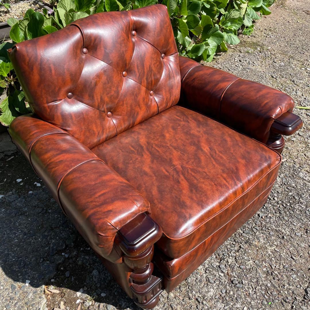 ②オールドカリモク 1人掛け ソファ 1Pソファー マーブル柄 PVC