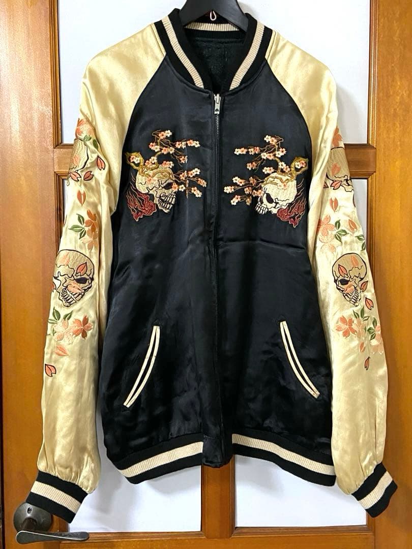 90sビンテージ 花旅楽団 両面刺繍 リバーシブル スカジャンL 髑髏 桜 野晒