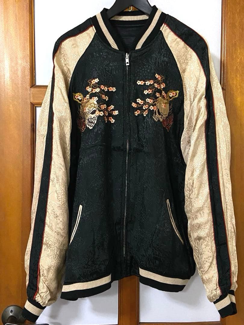 90sビンテージ 花旅楽団 両面刺繍 リバーシブル スカジャンL 髑髏 桜 野晒