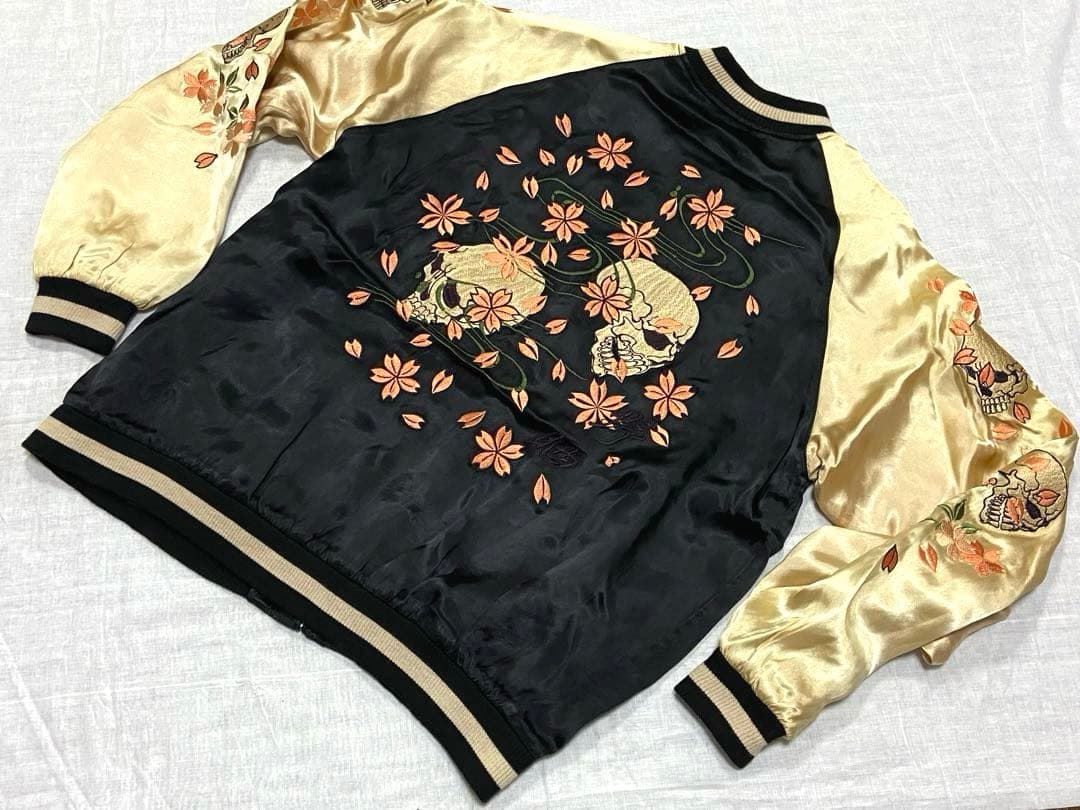 90sビンテージ 花旅楽団 両面刺繍 リバーシブル スカジャンL 髑髏 桜 野晒