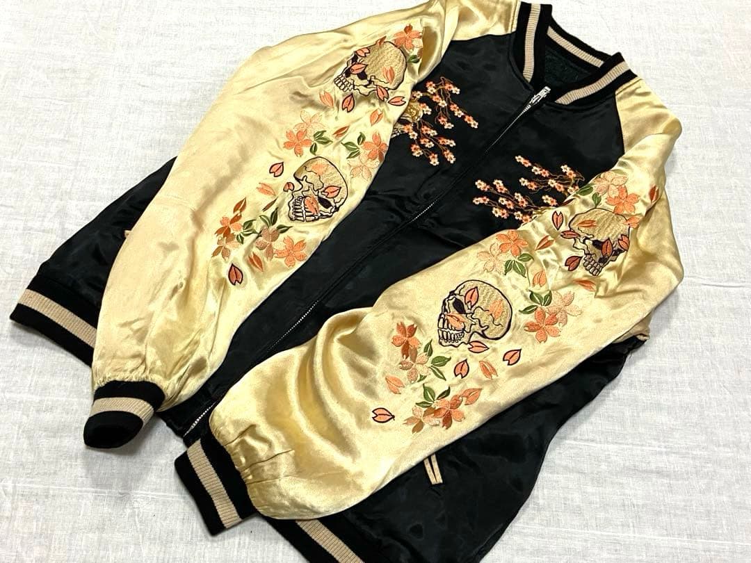 90sビンテージ 花旅楽団 両面刺繍 リバーシブル スカジャンL 髑髏 桜 野晒