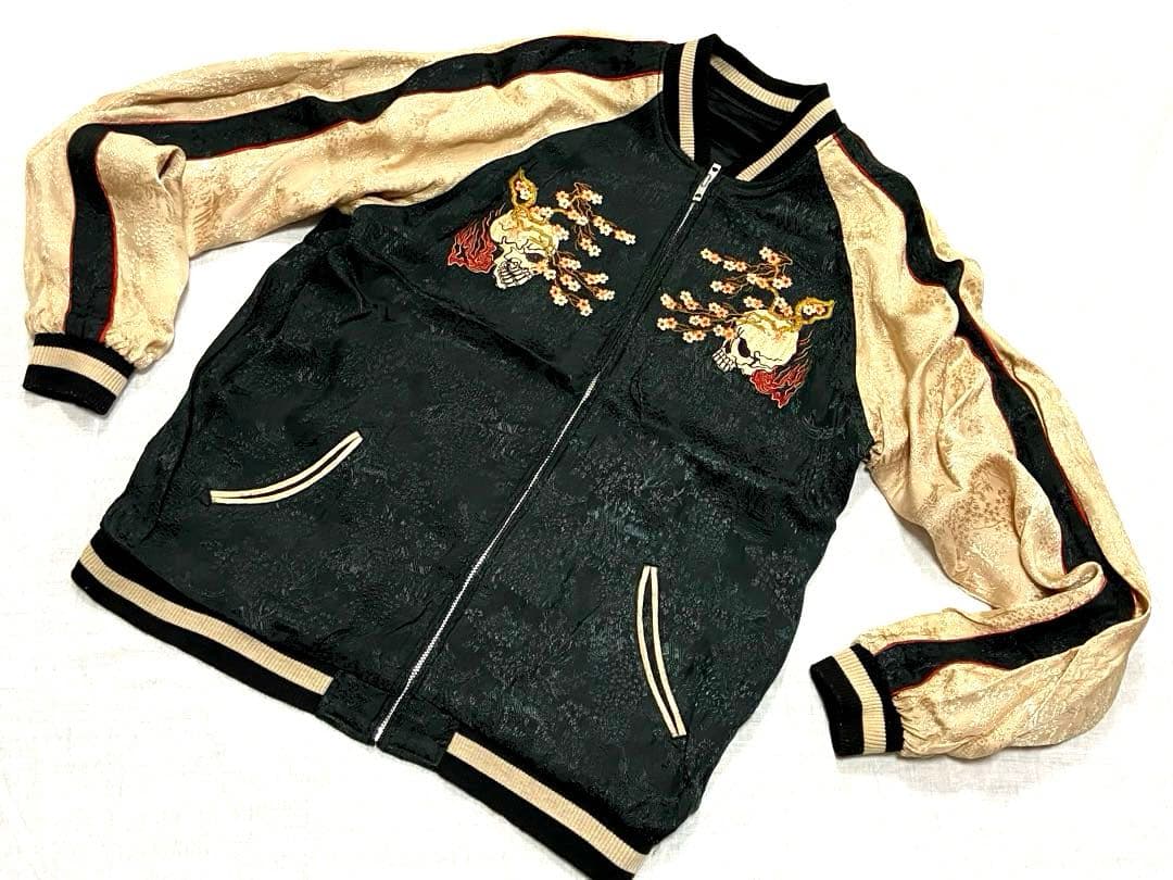 90sビンテージ 花旅楽団 両面刺繍 リバーシブル スカジャンL 髑髏 桜 野晒