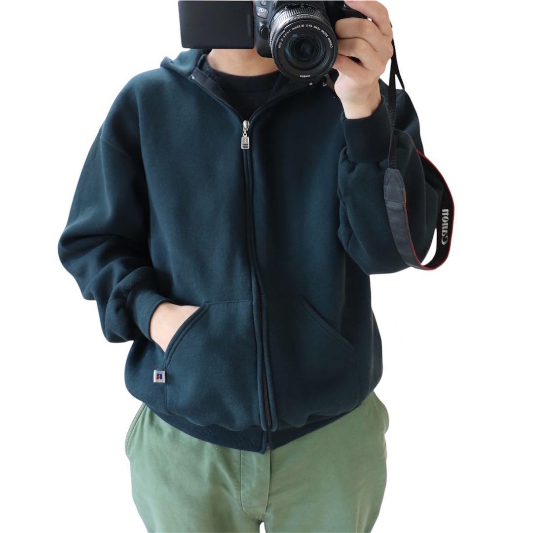 レアカラー USA製 ダークグリーン 90s ラッセル ジップパーカー 無地