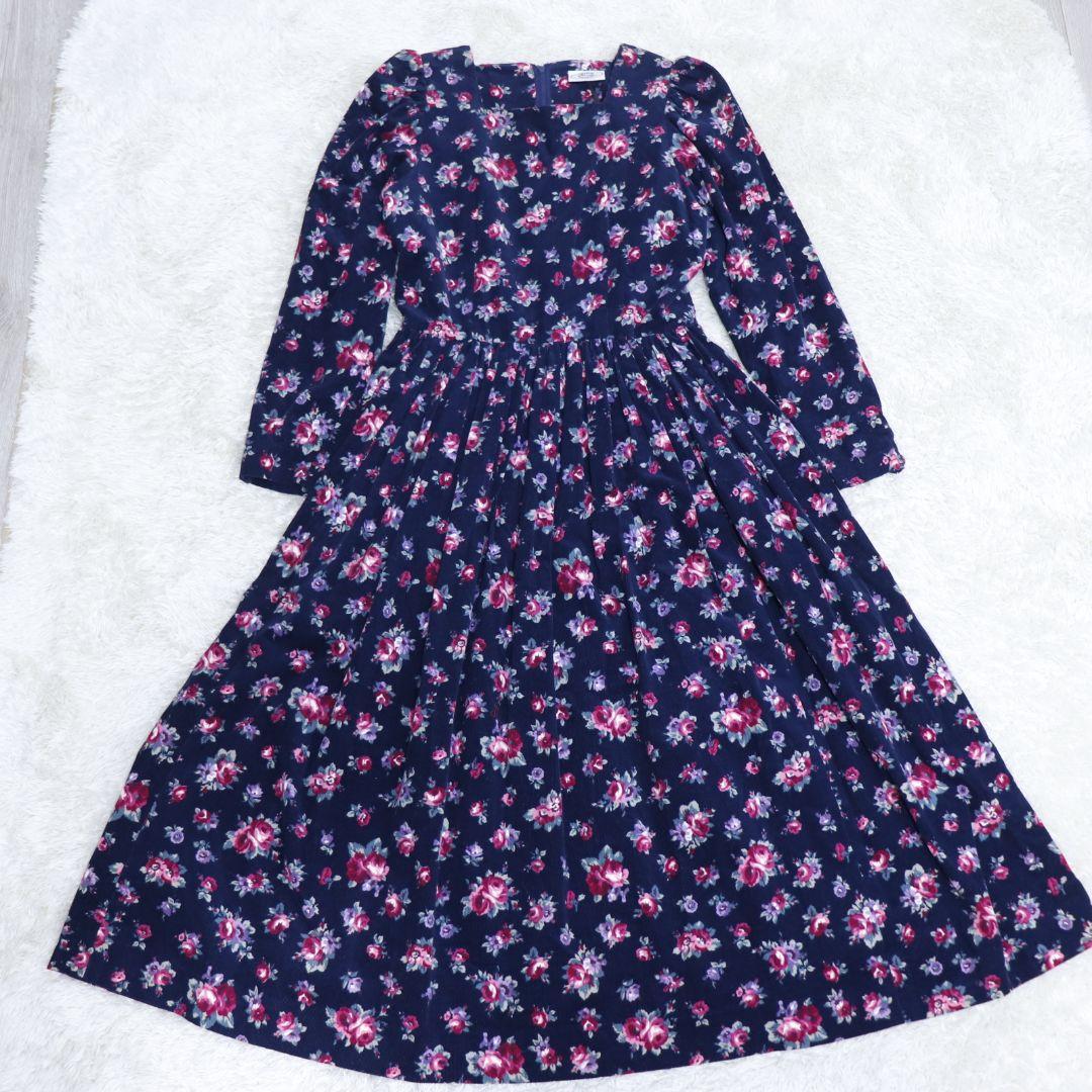 美品ローラアシュレイ　コーデュロイ　フラワー　ロングワンピース　9号