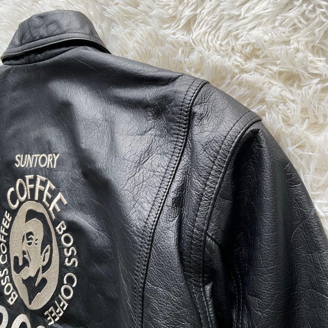 90's✨サントリー　BOSS レザージャケット　牛革　ワッペン　L ブラック