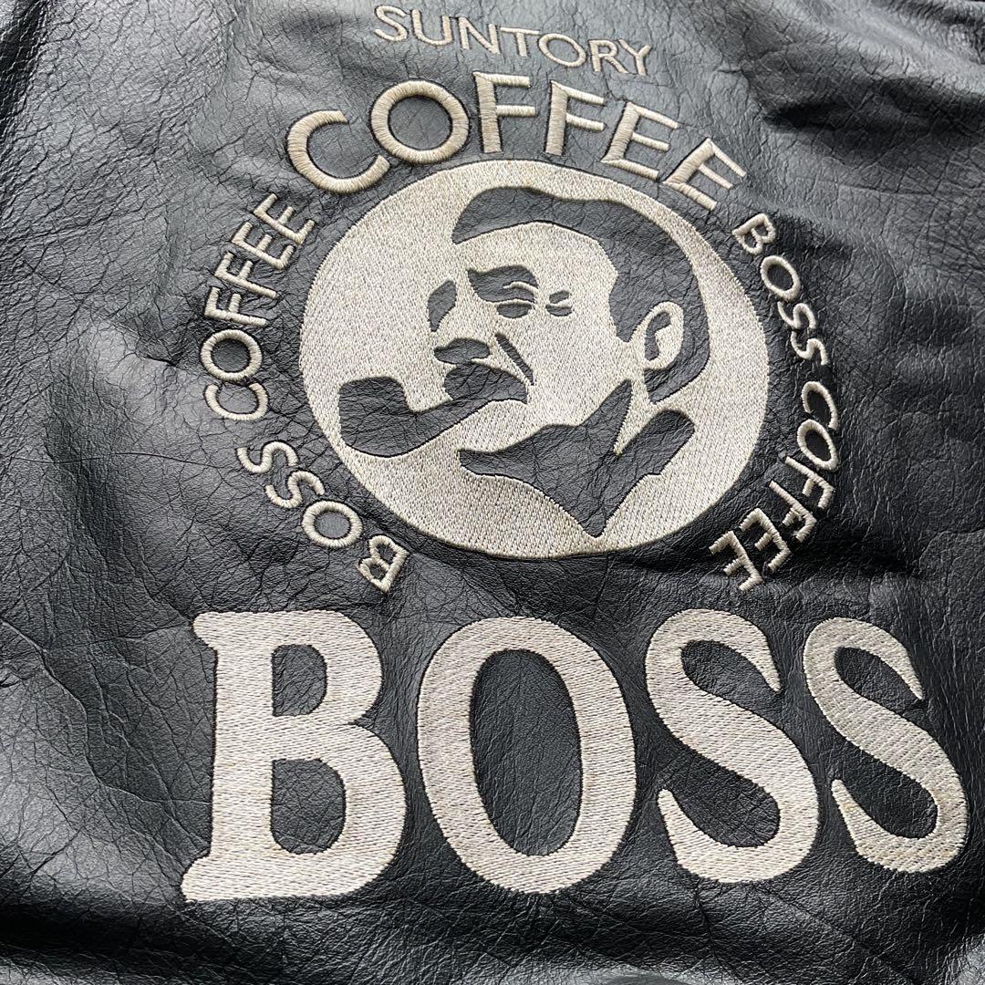 90's✨サントリー　BOSS レザージャケット　牛革　ワッペン　L ブラック
