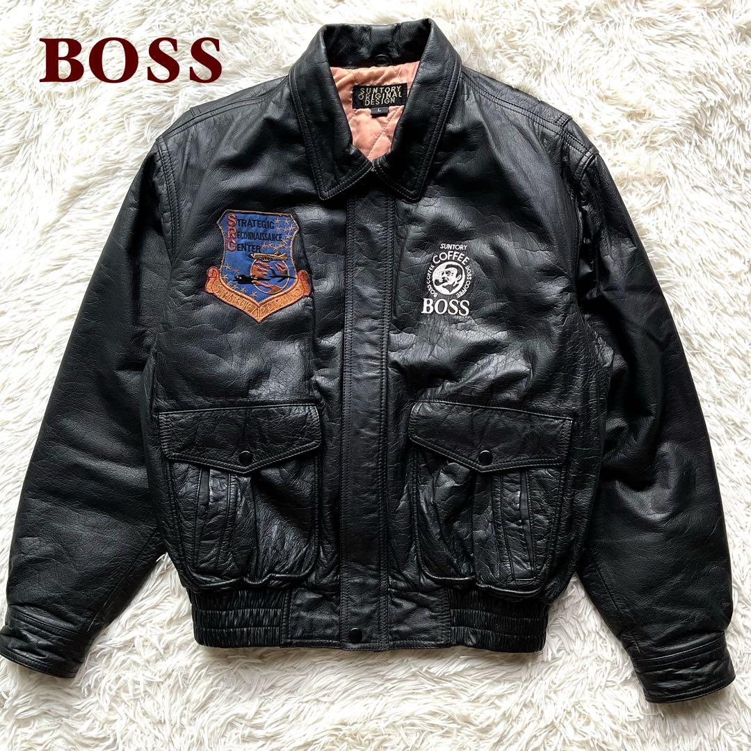 90's✨サントリー　BOSS レザージャケット　牛革　ワッペン　L ブラック