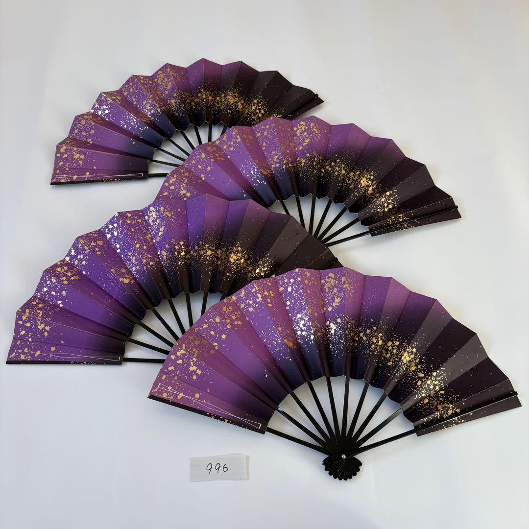 (996)舞扇　4本セット　紫　金　グラデーション　小石