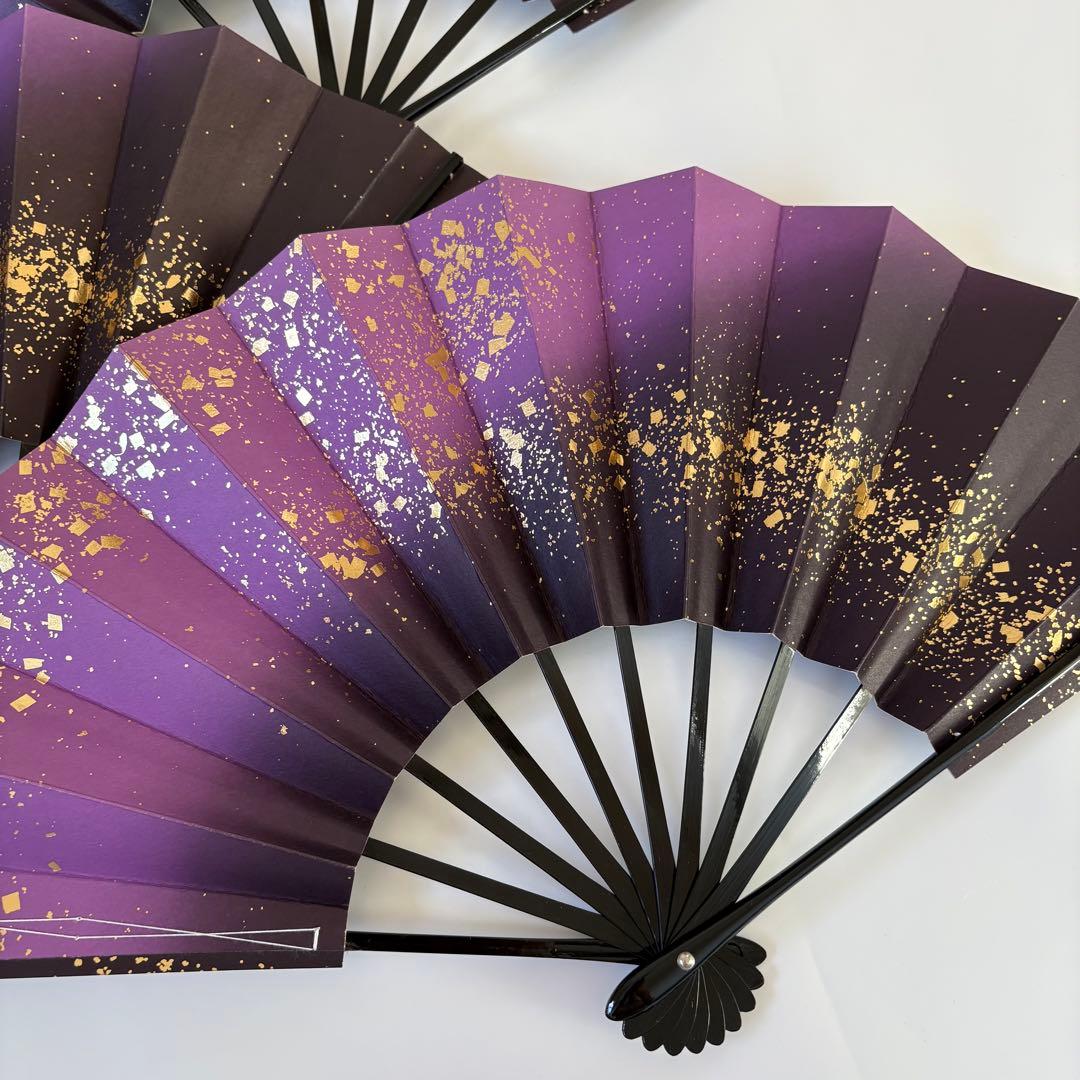 (996)舞扇　4本セット　紫　金　グラデーション　小石