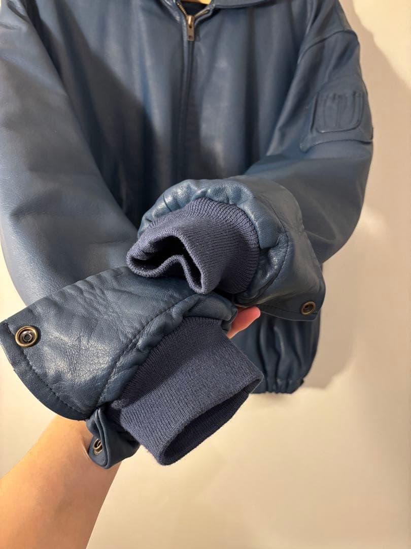 ネイビー レザー ジャケット　ブルー BLUE ミリタリー レザージャケット