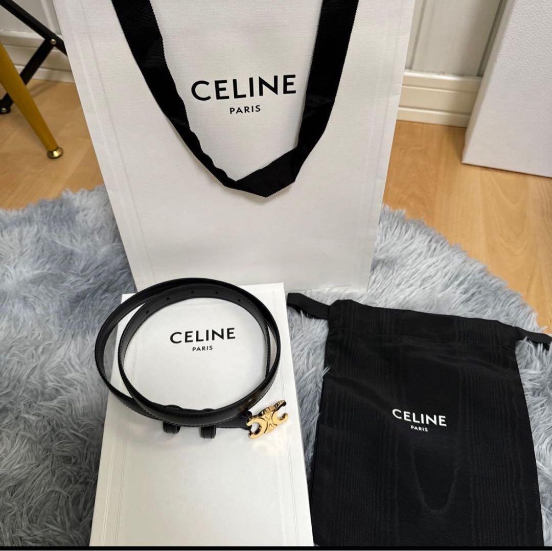 CELINE ブラックレザーベルト ゴールドバックル