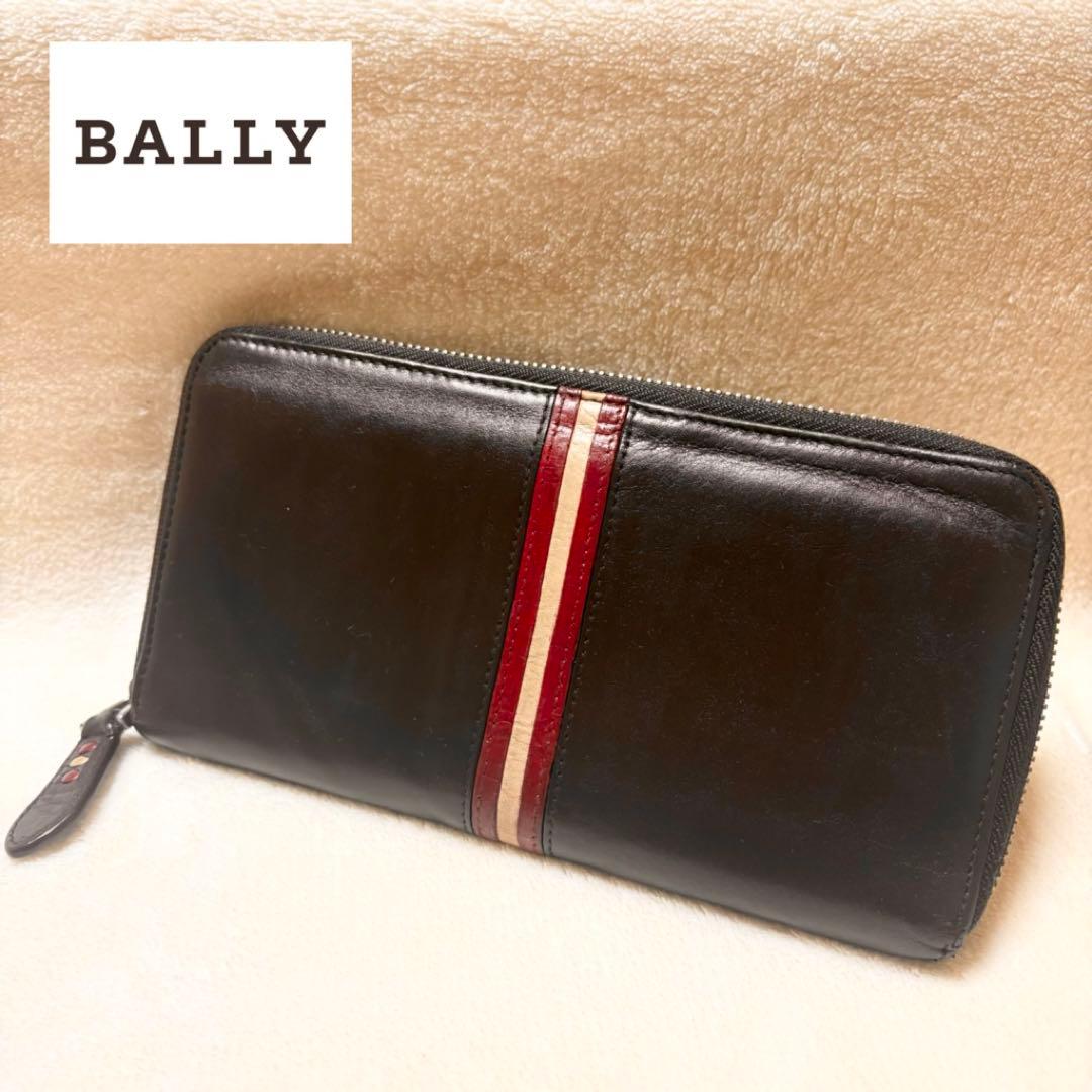 BALLY レザー 長財布 ダークブラウン ラウンドファスナー ストライプ
