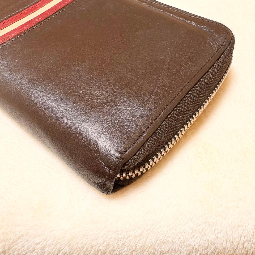 BALLY レザー 長財布 ダークブラウン ラウンドファスナー ストライプ