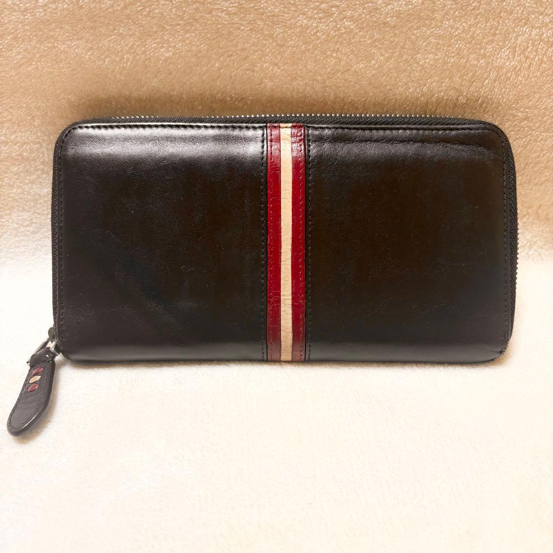 BALLY レザー 長財布 ダークブラウン ラウンドファスナー ストライプ