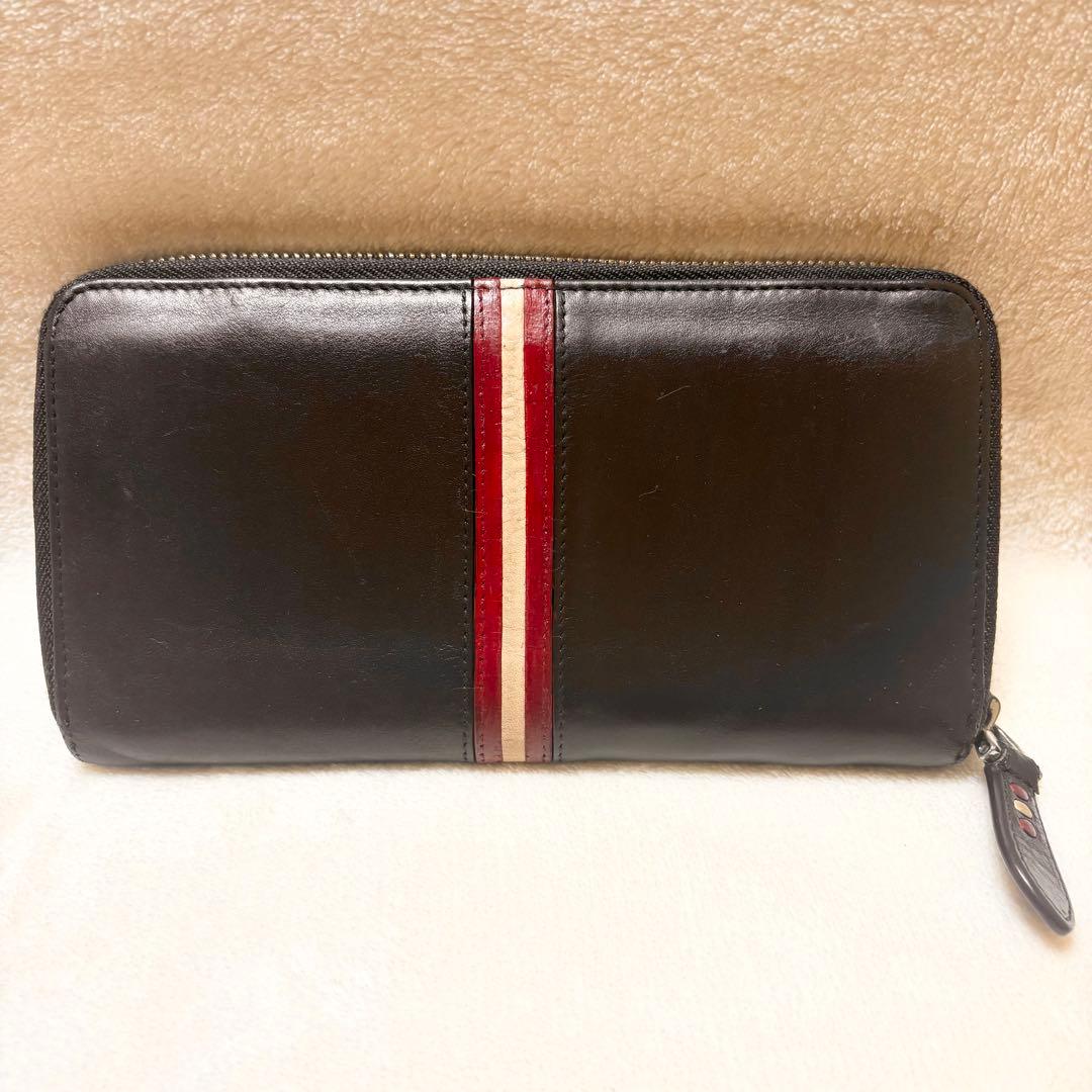 BALLY レザー 長財布 ダークブラウン ラウンドファスナー ストライプ