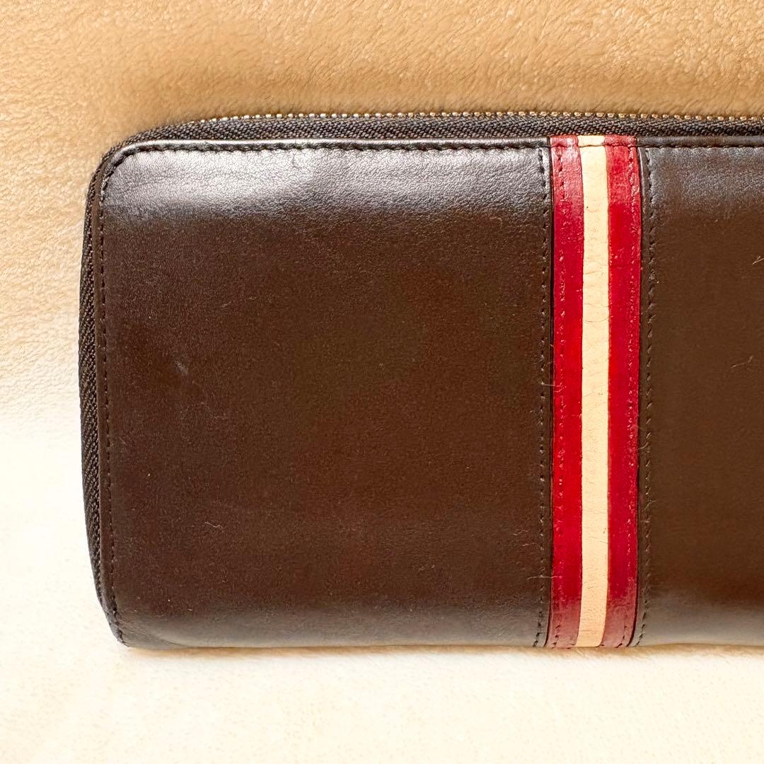 BALLY レザー 長財布 ダークブラウン ラウンドファスナー ストライプ