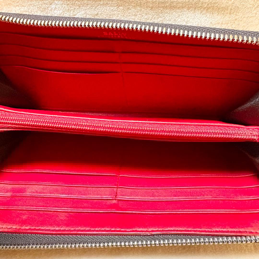 BALLY レザー 長財布 ダークブラウン ラウンドファスナー ストライプ