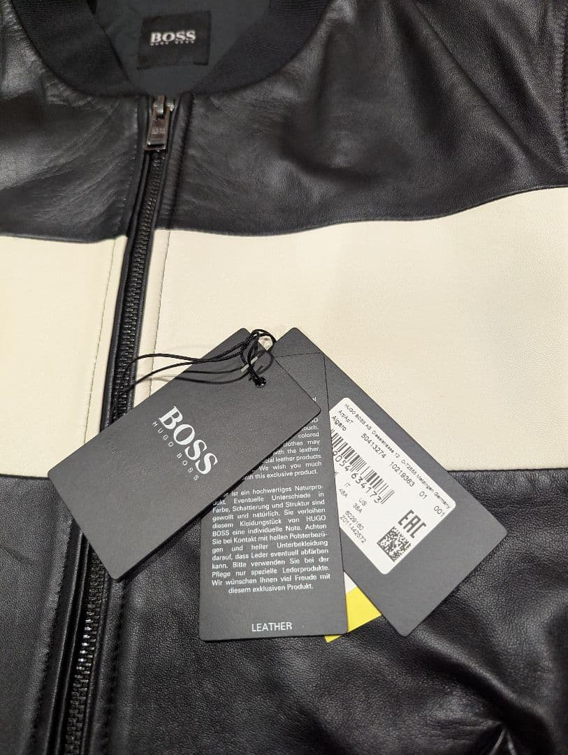 HUGO BOSS レザー ジャケット ボンバーネック 黒 白 48 MA1