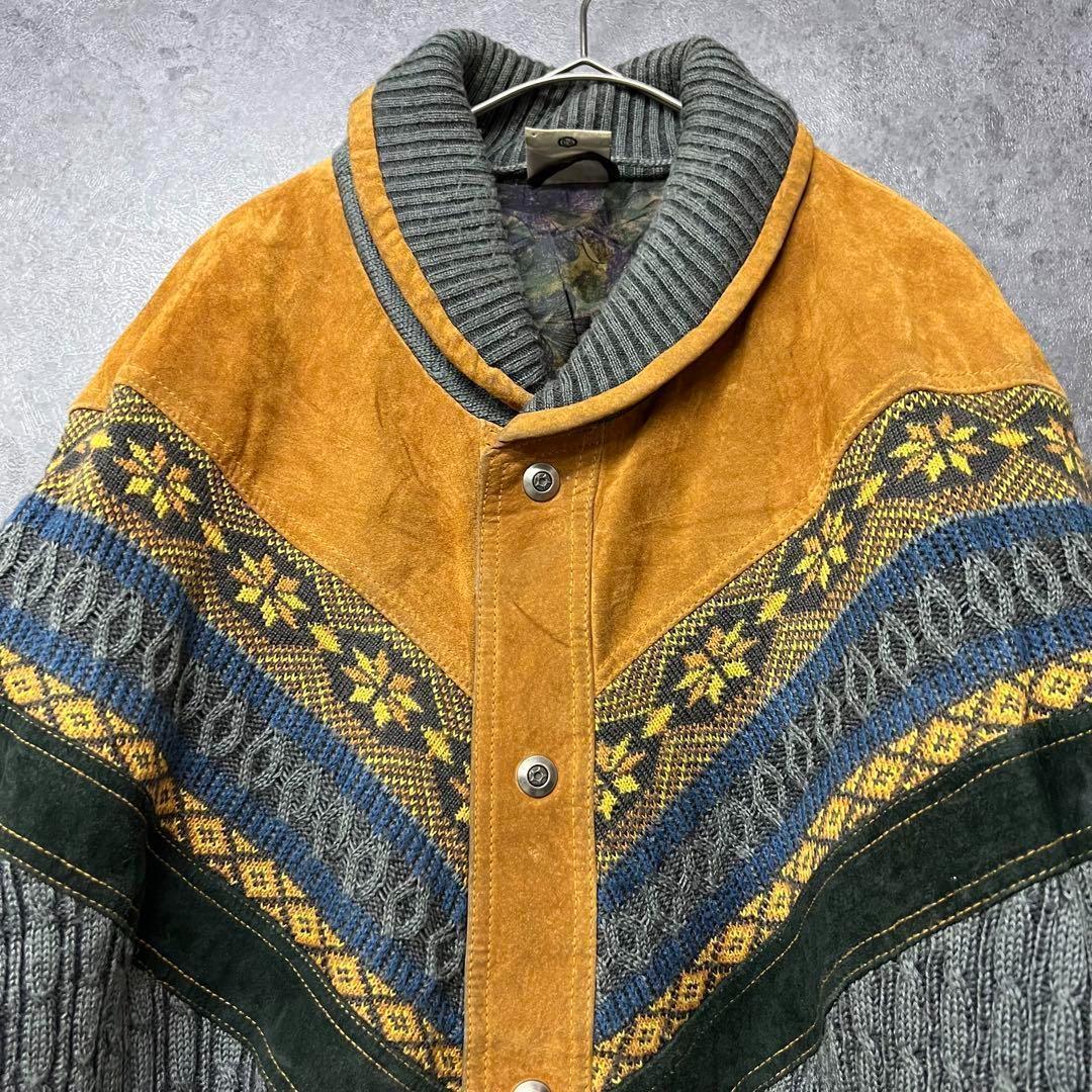 ユーロ古着【レザー・スエード ニットネイティブ】中綿 ジャケット メンズ2XL
