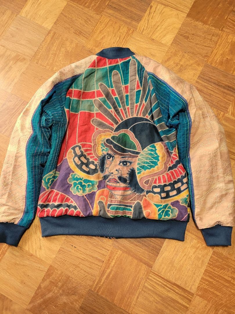 め0209古布リメイク木綿幟旗柿渋染め総刺し子ジップアップスカジャンハンドメイド