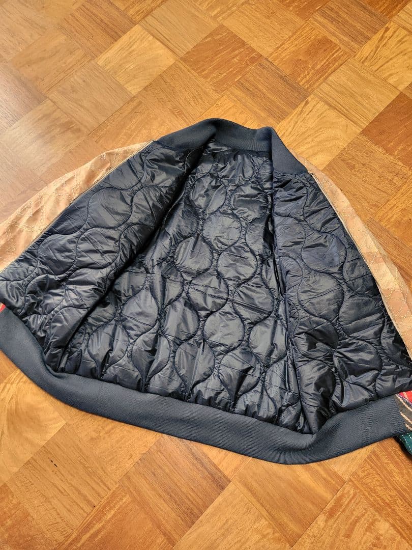 め0209古布リメイク木綿幟旗柿渋染め総刺し子ジップアップスカジャンハンドメイド