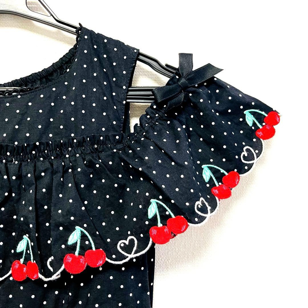 新品 タグ付 メゾピアノ 130 ワンピース 肩出し 黒 水玉 チェリー ドット