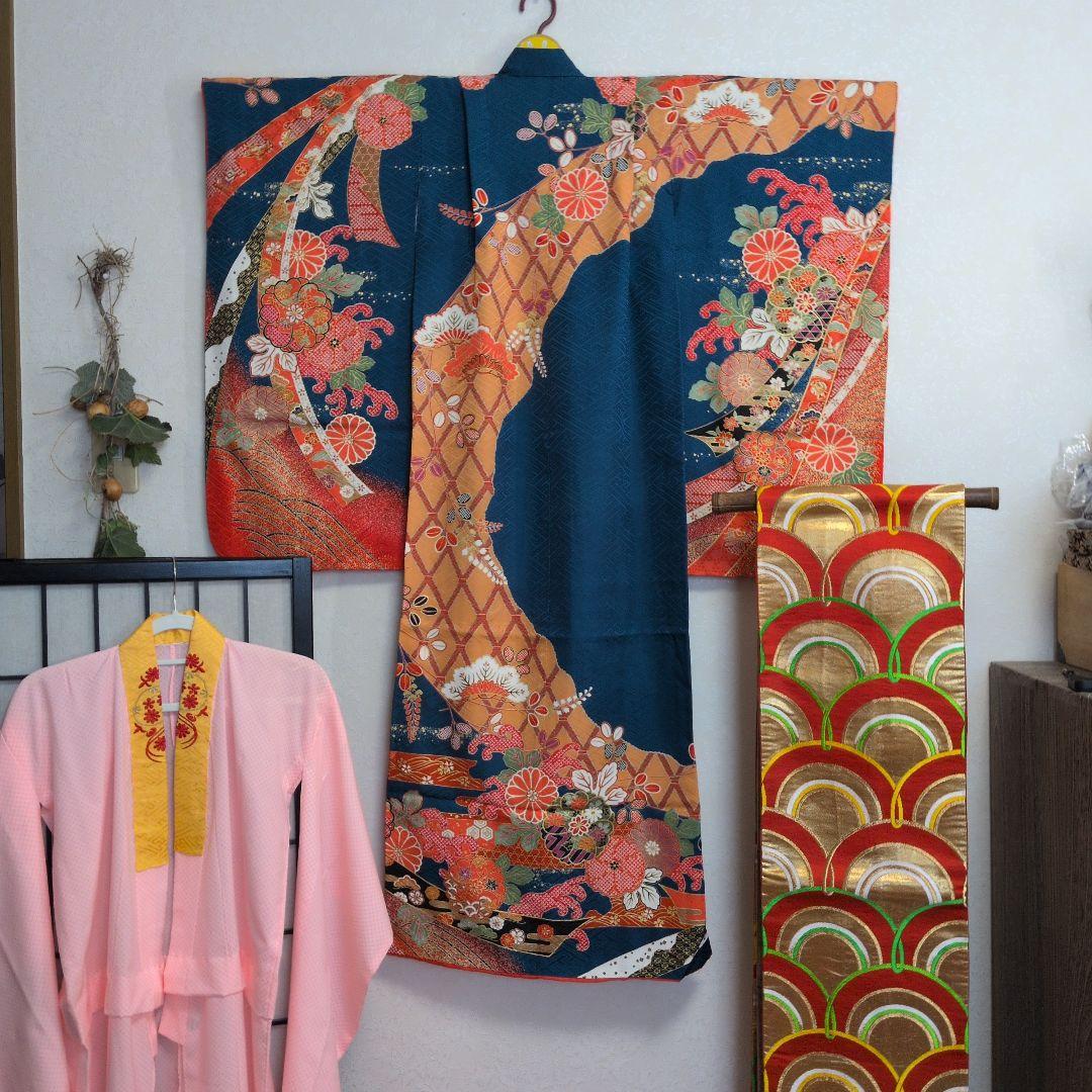 古典柄　七五三着物セット　7歳　女の子　化繊　袋帯、長襦袢　小物