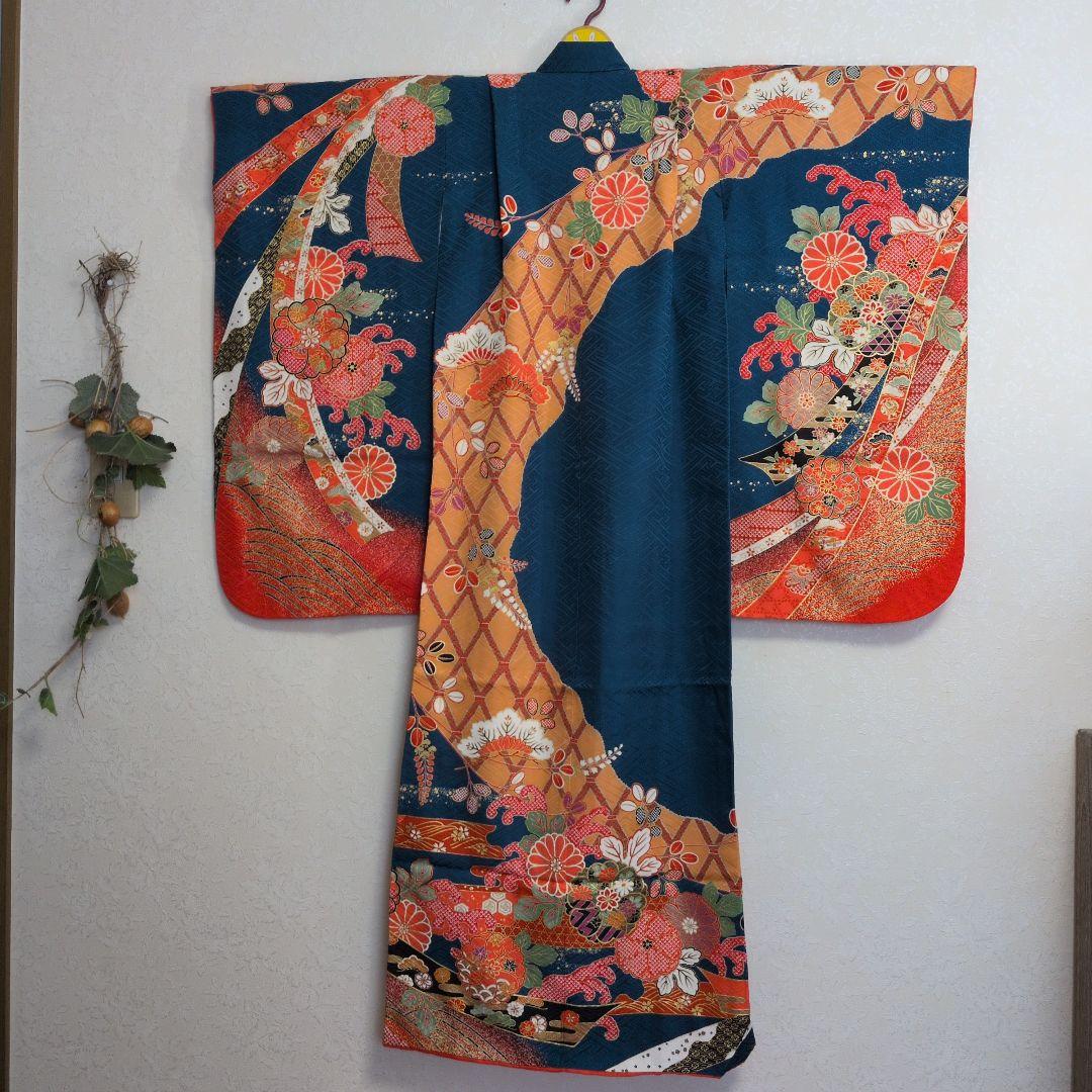 古典柄　七五三着物セット　7歳　女の子　化繊　袋帯、長襦袢　小物