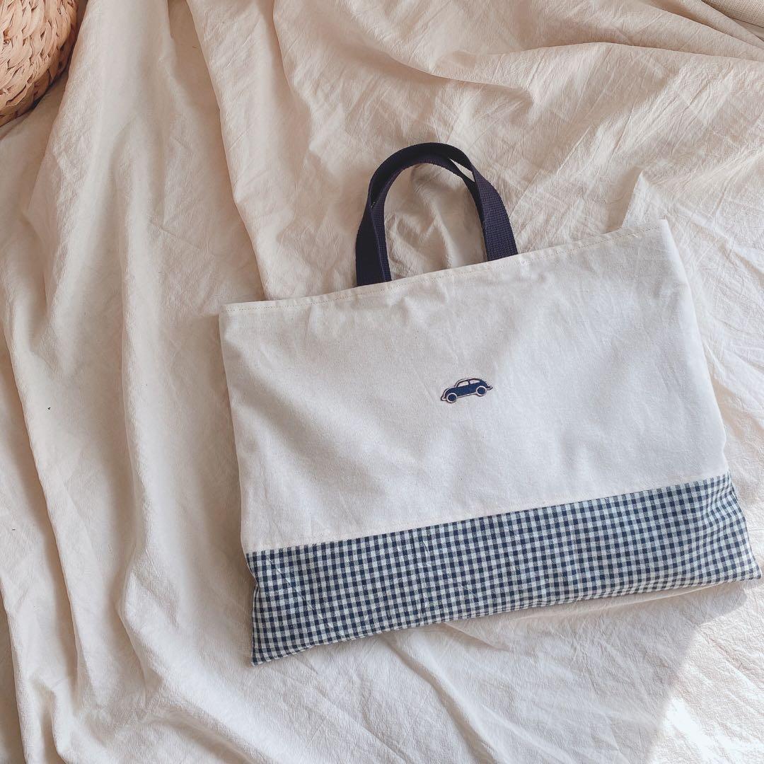 ハンドメイド　4点セット　入園入学グッズ　くるま　ネイビー　チェック　シンプル