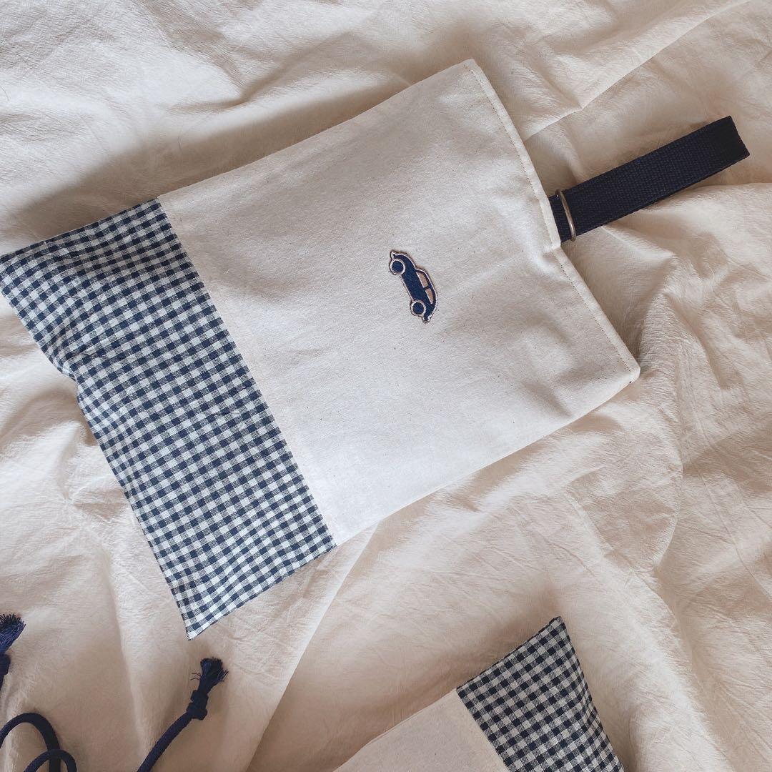 ハンドメイド　4点セット　入園入学グッズ　くるま　ネイビー　チェック　シンプル