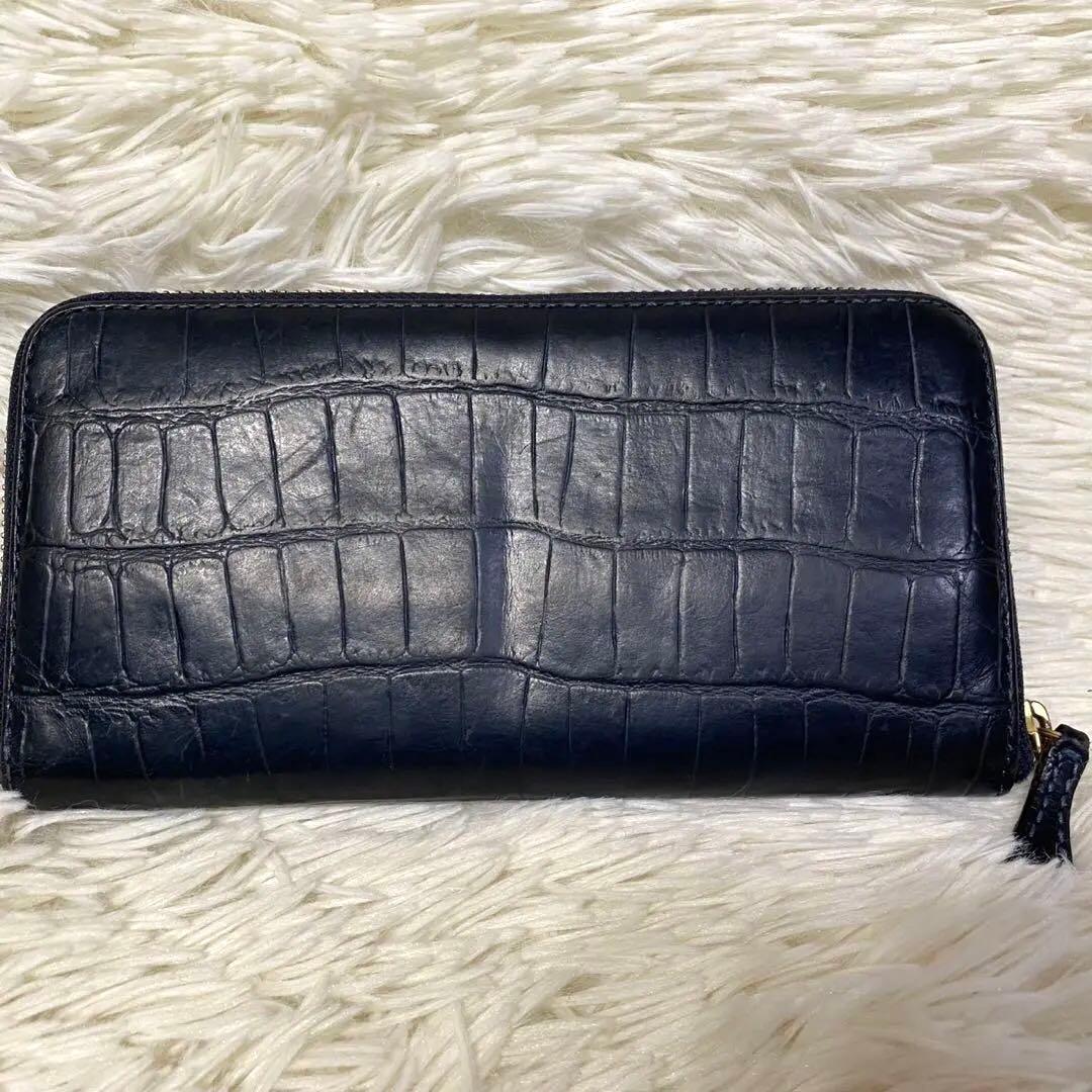 【美品✨】Felisi 125 ラウンドジップ 長財布 レザー クロコ型押し 紺