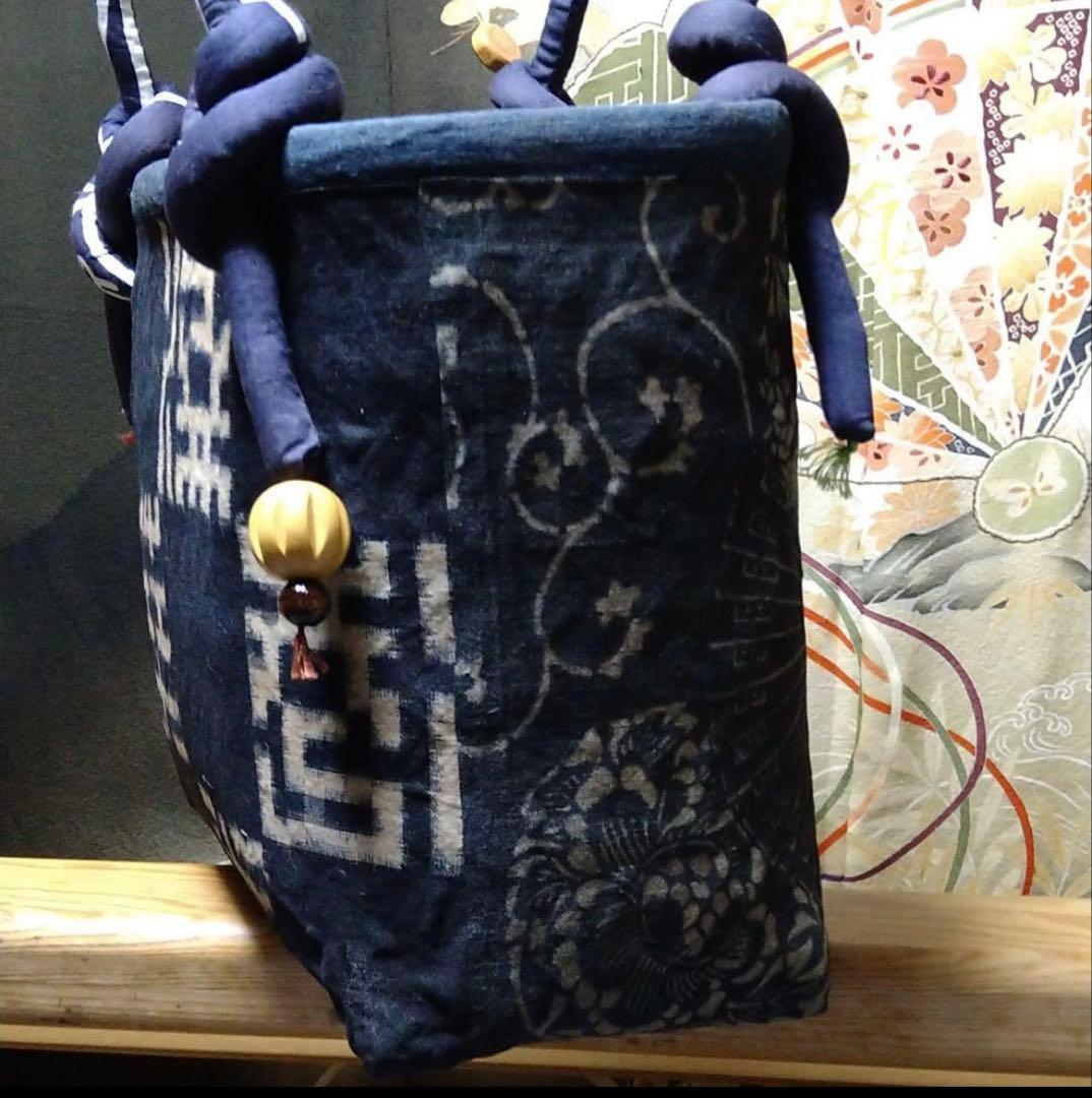 一閑張り　古布の藍　型染め　久留米絣